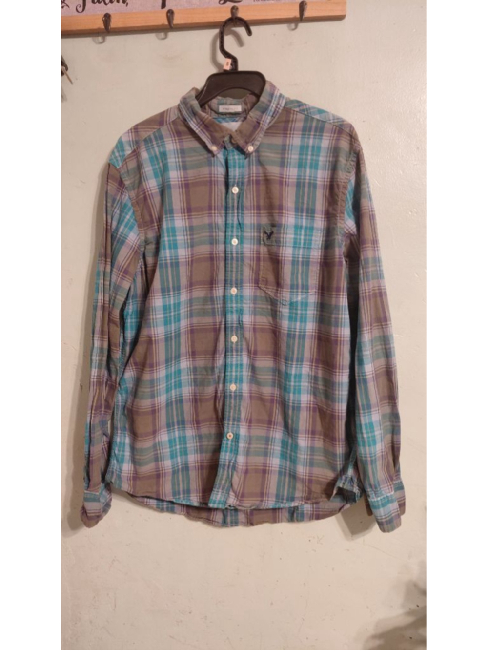 Men's American Eagle Outfitters Plaid Casual Button Down Shirt L Brown Teal